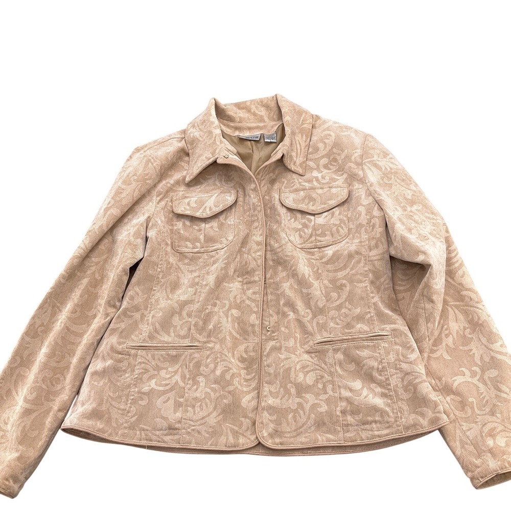Chicos Womens Jacket Large 12 Beige Corduroy Floral Embossed Long Sleeve